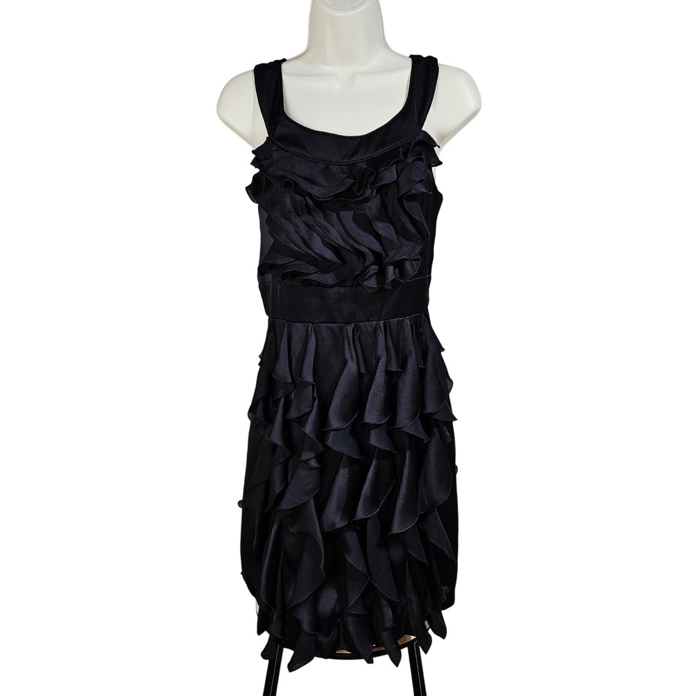 Max and Cleo Black Ruffle Tiered Satin Romantic Cocktail Dress 4 Glam‎ Party LBD